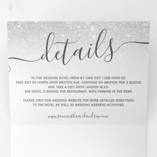 Invitation Trois Volets Parties scintillant argent ombre blanc script chic (Intérieur en premier)