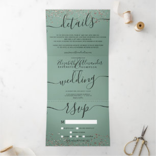 Invitation Trois Volets parties scintillant d'or rose confetti sauge vert