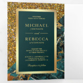 Invitation Trois Volets Parties scintillant d'or Turquoise marbre Mariage  (Intérieur en premier)