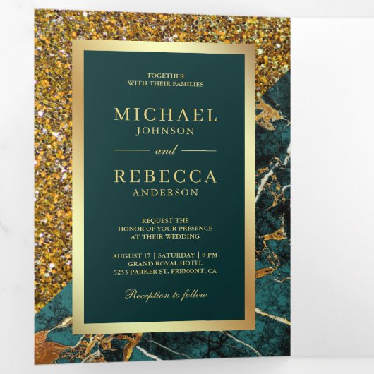 Invitation Trois Volets Parties scintillant d'or Turquoise marbre Mariage  (Intérieur en premier)