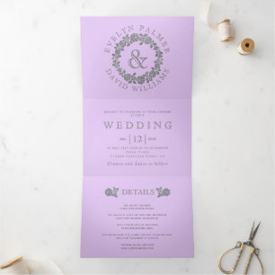 Invitation Trois Volets Parties scintillant en argent rose mariage lavande