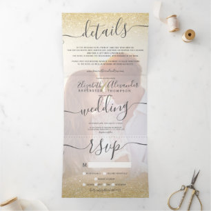 Invitation Trois Volets Parties scintillant or chic ombre blanc script pho