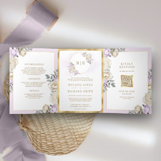 Invitation Trois Volets Pastel violet ivoire or floral tout en un Mariage
