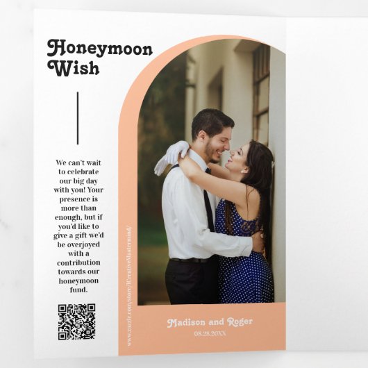 Invitation Trois Volets Peach Retro Boho Arch Photo QR Code Mariage (Intérieur en premier)