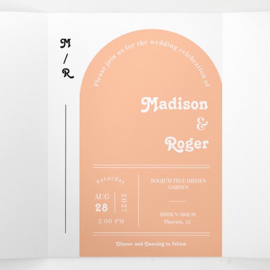 Invitation Trois Volets Peach Retro Boho Arch Photo QR Code Mariage (Intérieur au milieu)