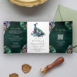 Invitation Trois Volets Peacock Floral Feather QR Code Emerald Mariage<br><div class="desc">Éblouissez vos invités avec cette élégante invitation de mariage tout en un avec un paon magnifique et des plumes élégantes avec QR Code pour RSVP en ligne. Ajoutez simplement les détails de votre événement sur ce modèle facile à utiliser et ornez cette carte avec vos photos préférées pour en faire...</div>