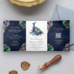Invitation Trois Volets Peacock Floral Feather QR Code Marine Blue Mariage<br><div class="desc">Éblouissez vos invités avec cette élégante invitation de mariage tout en un avec un paon magnifique et des plumes élégantes avec QR Code pour RSVP en ligne. Ajoutez simplement les détails de votre événement sur ce modèle facile à utiliser et ornez cette carte avec vos photos préférées pour en faire...</div>