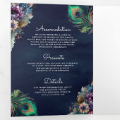 Invitation Trois Volets Peacock Floral Feather QR Code Marine Blue Mariage (Intérieur en premier)