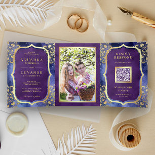Invitation Trois Volets Periwinkle Galaxy Mandala QR Code Mariage indien
