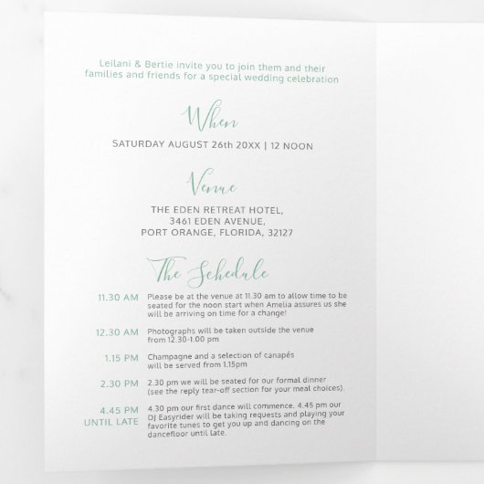 Invitation Trois Volets Petit coeur blanc vert Sage mariage tout-en-un (Intérieur en premier)