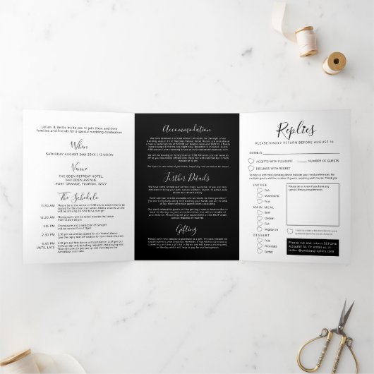 Invitation Trois Volets Petit coeur noir et blanc mariage tout-en-un (Intérieur)