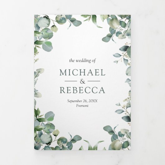 Invitation Trois Volets Photo Collage Eucalyptus moderne QR Code Mariage (Page de couverture)