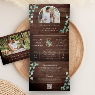 Invitation Trois Volets Photo d'arche en eucalyptus Mariage Code QR Bois R