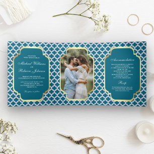 Invitation Trois Volets Photo de mariage à motif quatrefeuilles bleu maroc
