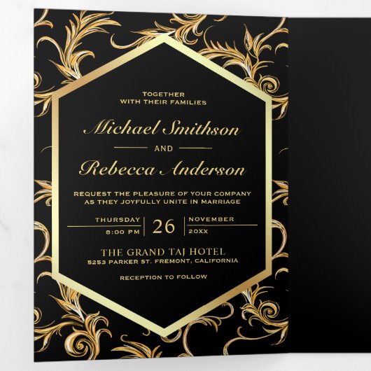 Invitation Trois Volets Photo de mariage à tourbillonnement noir et or (Intérieur en premier)
