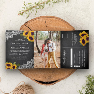 Invitation Trois Volets Photo de mariage au tournesol et ardoise rustique
