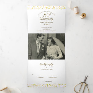 Invitation Trois Volets Photo de mariage avec confettis de cœur pour 50e a