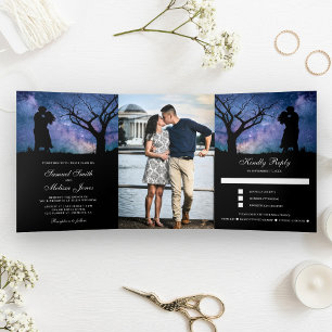 Invitation Trois Volets Photo de mariage de couple romantique de la galaxi