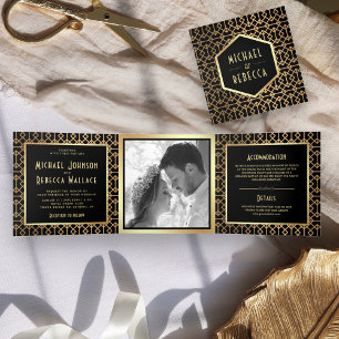 Invitation Trois Volets Photo de mariage de style Art Déco géométrique vin