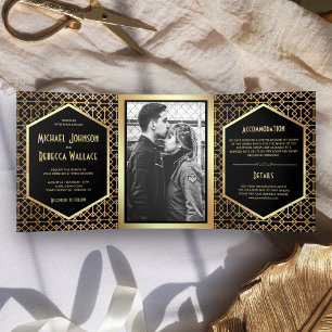 Invitation Trois Volets Photo de mariage de style Art Déco géométrique vin