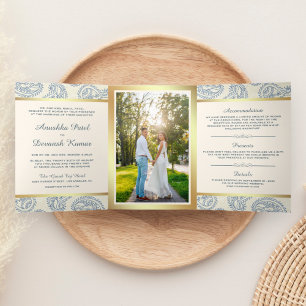 Invitation Trois Volets Photo de mariage de style indien Paisley bleu et o