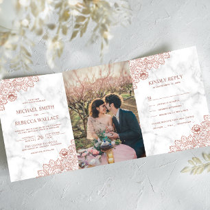 Invitation Trois Volets Photo de mariage en marbre blanc et dentelle or ro