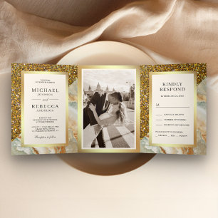 Invitation Trois Volets Photo de mariage en marbre marron pailleté or