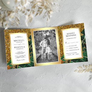 Invitation Trois Volets Photo de mariage en marbre vert émeraude avec pail