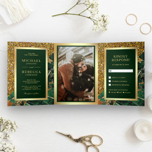 Invitation Trois Volets Photo de mariage en marbre vert émeraude avec pail