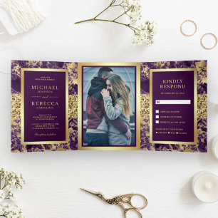 Invitation Trois Volets Photo de mariage en marbre violet avec paillettes