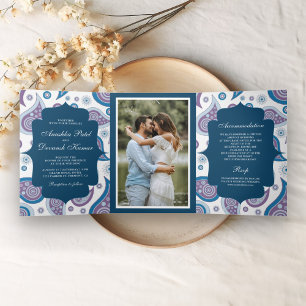 Invitation Trois Volets Photo de mariage indien de style paisley bleu et v