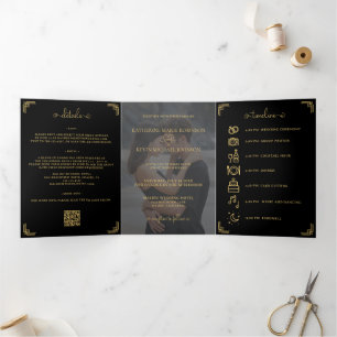 Invitation Trois Volets Photo de mariage noir or élégant avec code QR Gate