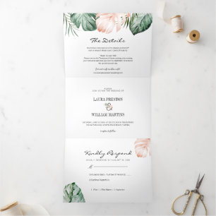Invitation Trois Volets Photo d'un Mariage Feuille tropical avec détails R
