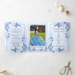 Invitation Trois Volets Photo Espagnol bleu clair Roses Quinceanera