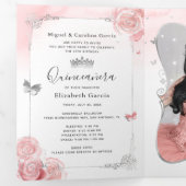 Invitation Trois Volets Photo Espagnol clair rose argent Quinceanera (Intérieur en premier)