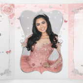 Invitation Trois Volets Photo Espagnol clair rose argent Quinceanera (Intérieur au milieu)