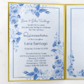 Invitation Trois Volets Photo Espagnol Lumière Bleu Or Roses Quinceanera (Intérieur en premier)