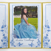Invitation Trois Volets Photo Espagnol Lumière Bleu Or Roses Quinceanera (Intérieur au milieu)