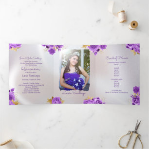 Invitation Trois Volets Photo Espagnol Perle et pourpre Rose Quinceanera