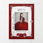 Invitation Trois Volets Photo Espagnol Rouge et argent Quinceanera (Page de couverture)