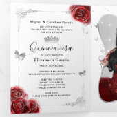 Invitation Trois Volets Photo Espagnol Rouge et argent Quinceanera (Intérieur en premier)