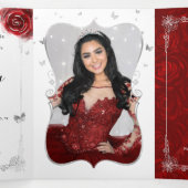 Invitation Trois Volets Photo Espagnol Rouge et argent Quinceanera (Intérieur au milieu)