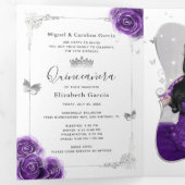 Invitation Trois Volets Photo Espagnol violet et argent Quinceanera (Intérieur en premier)