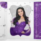 Invitation Trois Volets Photo Espagnol violet et argent Quinceanera (Intérieur au milieu)