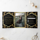 Invitation Trois Volets Photo Mariage Black and Gold Flourl (Intérieur)
