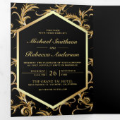Invitation Trois Volets Photo Mariage Black and Gold Flourl (Intérieur en premier)