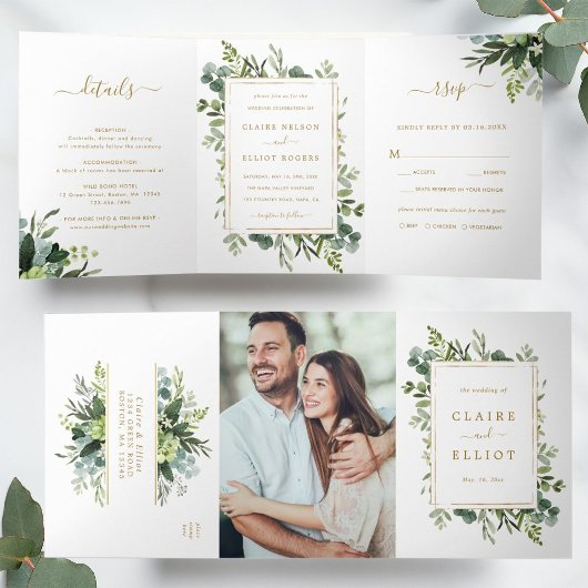 Invitation Trois Volets Photo Mariage Botanical Gold Greenery