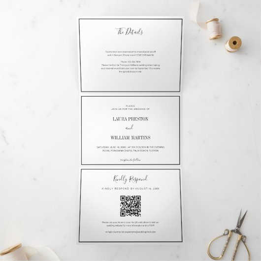 Invitation Trois Volets Photo Mariage chic avec RSVP QR Code et détails (Intérieur)