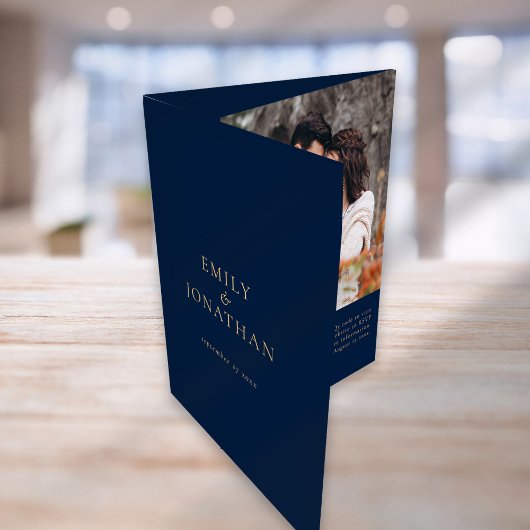 Invitation Trois Volets Photo marine et or Code QR Timeline Mariage