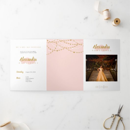 Invitation Trois Volets Photo rose pâle Quinceanera (Extérieur)